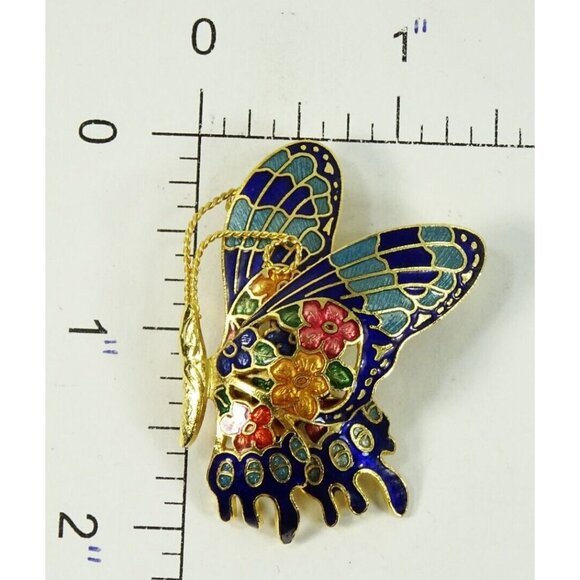 Vintage Cloisonne Butterfly Large Brooch Blue Red Yellow - Picture 4 of 4